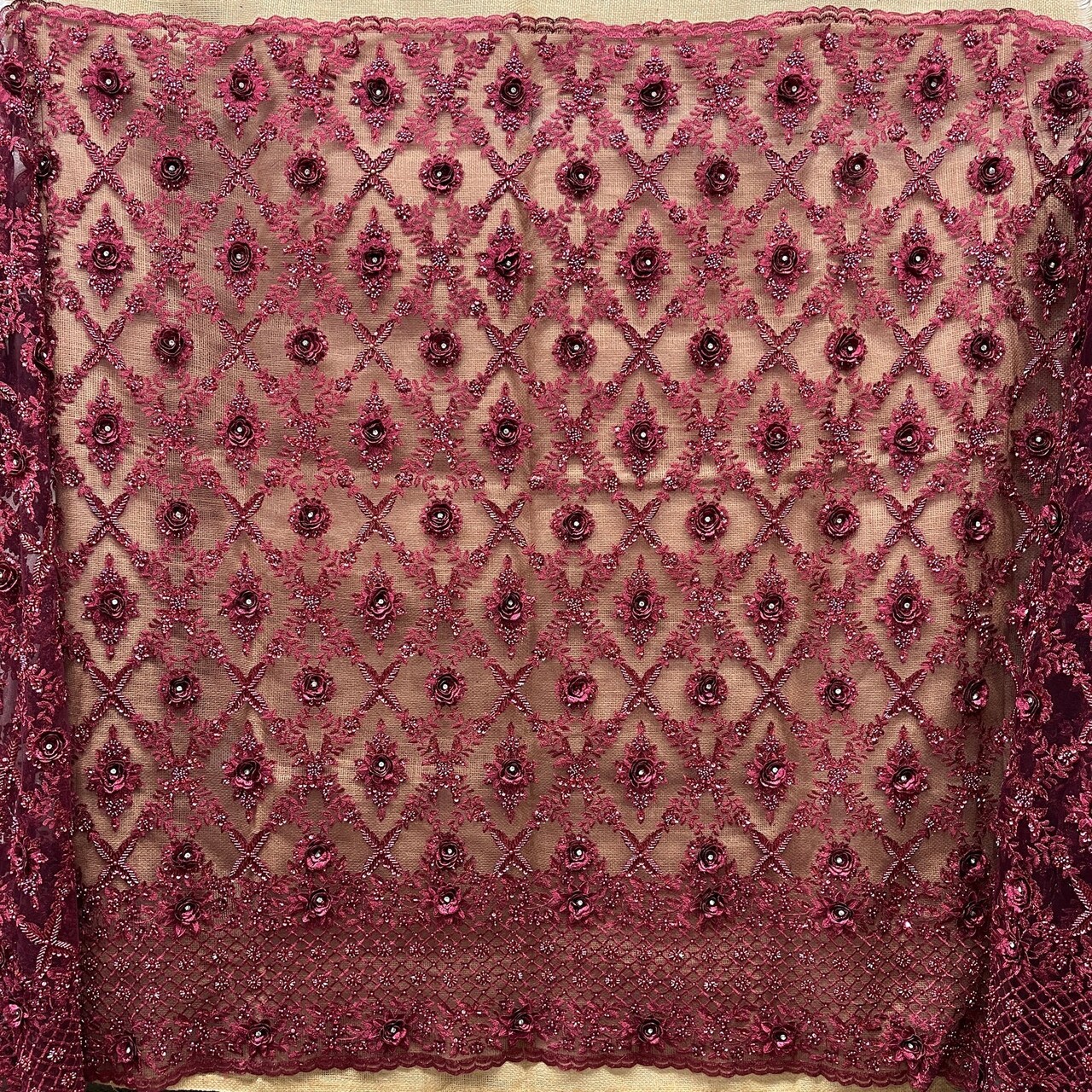 1 Yard Beaded 3D Floral Lace Fabric, Navy Embroidered Mesh, 100% Polyester, 51” Wide